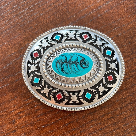 1999 Bergamot Belt Buckle Metal & Turquoise Westen Themed - Picture 1 of 8